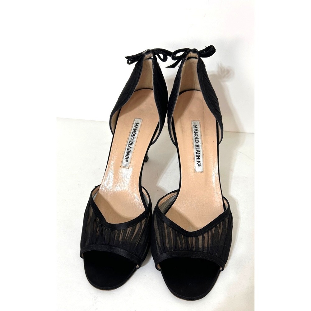 Manolo Blahnik Black Sheer Peep-Toe Ankle-Tie Pumps
